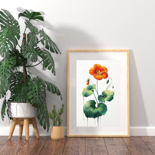 Vibrant Orange Nasturtium Watercolor Print - Bold Botanical Art for an Invigorating Home Decor