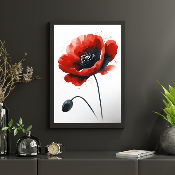 Striking Red Poppy Watercolor Art - Bold and Expressive Floral Print for Impactful Home Decor