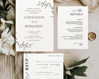 Minimalist Wedding Invitation Suite, Modern Invitation Set Template on Canva, Minimal RSVP Invitation, Details Card, Download, Canva, Luxury