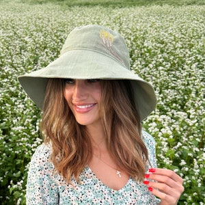 Linen Bucket Hat, Wide brimmed hat Women, Gardening Summer Hat, Ladies Bucket Hat, Big Brim Hat, Sunhat, Women Foldable Beach Hat, Ties