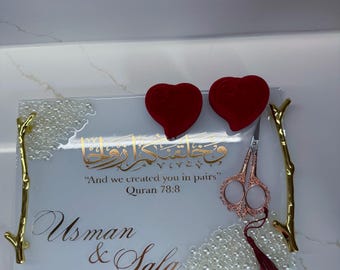 Personalized Islamic Wedding Tray: Nikkah Ring Holder with Gold Calligraphy