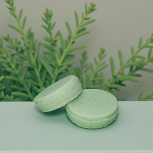 May include: Two round, light green solid shampoo bars. The bars are stacked on a light green surface, with a blurred background of green foliage. The bars have a textured surface and a layered edge.