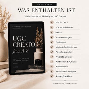 Könnte beinhalten: Ein Tablet-Computer zeigt den Titel "UGC Creator from A-Z" mit schwarzem Hintergrund. Das Bild enthält eine Liste von Themen wie "Was ist UGC?" und "UGC vs. Influencer". Dekorative Vasen mit getrockneten Pflanzen sind im Hintergrund.
