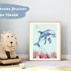 Póster Delfines Océano para habitación bebé/infantil, Acuarela, Formato A3, Regalo, Descarga Digital, Impresión, PDF, Ilustración, Infantil, Azul,