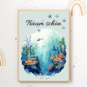 Cartel del océano "TraumSchön" habitación bebé/niño, acuarela, formato A3, regalo, descarga digital, impresión, PDF, ilustración, niños, azul, decoración