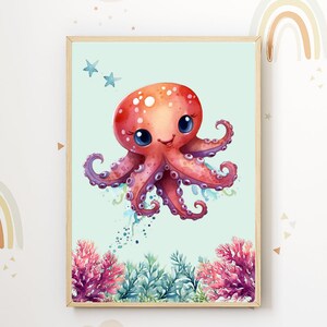 Ocean Poster Pulpo Habitación Bebé/Niños, Acuarela, Formato A3, Regalo, Descarga Digital, Impresión, PDF, Ilustración, Infantil, Azul, Decoración,