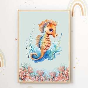Ozean Poster Seepferdchen Baby-/Kinderzimmer, Aquarell, quadratisch 42 x 59,4 cm, Geschenk, digitaler Download, Print, PDF, Illustration