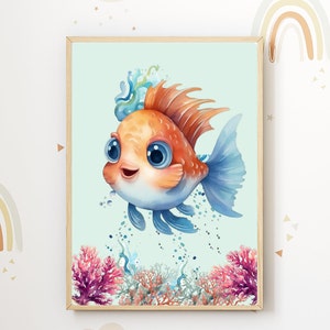 Póster Océano pez para habitación bebé/niño, acuarela, cuadrado 42 x 59,4 cm, regalo, descarga digital, impresión, PDF, ilustración, infantil