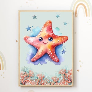 Póster océano estrella de mar habitación bebé/niño, acuarela, cuadrado 42 x 59,4 cm, regalo, descarga digital, impresión, PDF, ilustración, infantil