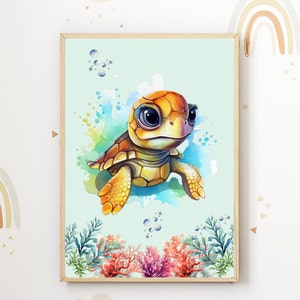 Póster océano tortuga habitación bebé/niño, acuarela, formato A3, regalo, descarga digital, impresión, PDF, ilustración, niños, azul, decoración