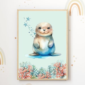 Sello de cartel del océano para habitación de bebé y niños, acuarela, formato A3, regalo, descarga digital, impresión, PDF, ilustración, infantil, azul, infantil
