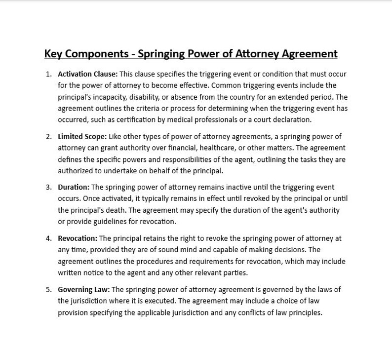 Springing Power of Attorney Agreement Template - Etsy