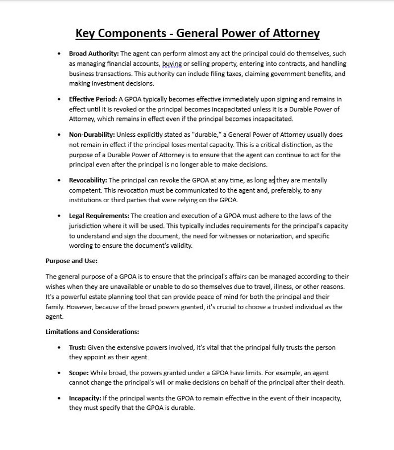 General Power of Attorney Agreement Template - Etsy