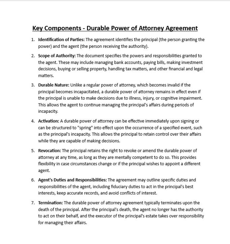 Durable Power of Attorney Agreement Template - Etsy