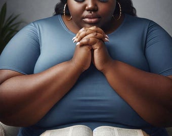 May include: A person with dark hair wearing a blue short-sleeved shirt and gold hoop earrings, with hands clasped in prayer over an open book with visible text on the pages. The person has eyes closed and is positioned in front of a gray background.