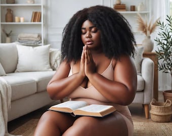 May include: A person with dark skin and long dark curly hair wearing a beige sleeveless bodysuit, sitting with legs crossed on a woven rug, hands pressed together in a prayer position, with an open book resting on their lap.
