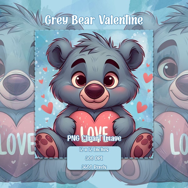 Grey Bear Valentine PNG, Transparent Background Clipart Images, Commercial License Files, Cute Teddy Baloo Graphics
