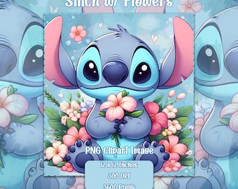 Stitch sosteniendo flores PNG, imágenes prediseñadas con fondo transparente, archivos con licencia comercial, gráficos de San Valentín