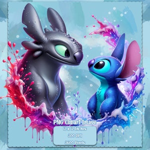 Ohnezahn und Stich Aquarellspritzer, Clipart-Bilder, Grafiken und Kunstwerke, Regenbogenästhetik, PNG-süße Drachenbilder