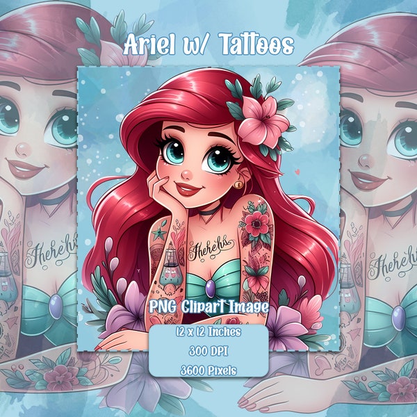 Ariel w/ Tattoos PNG, Transparent Background Clipart Images, Commercial License Files, Mermaid Graphics, Cute Tattoo Princess