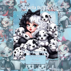 Cruella De Vil PNG, Images clipart fond transparent, fichiers sous licence commerciale, graphiques mignons dalmatiens