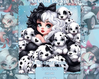 Cruella De Vil PNG Set, Imágenes Prediseñadas de Fondo Transparente, Archivos de Licencia Comercial, Gráficos Lindos de Dálmatas