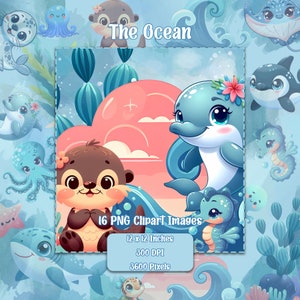 Conjunto de PNG de animais do oceano bebê, imagens de clipart de fundo transparente, arquivos de licença comercial, gráficos de animais bonitos Kawaii
