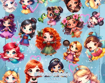 Conjunto PNG de princesas chibi, imágenes prediseñadas con fondo transparente, archivos con licencia comercial, gráficos de lindas princesas bebés