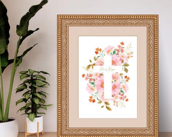 He is Risen Floral Easter Cross Print Digital Download Christian Faith-based Wall Home Decor | Botanical Holiday Print Illustrated Flowers