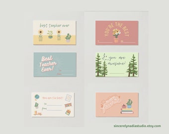 Cartes d'appréciation pour les enseignants | Lot de 6 | 3,5 x 2 po. Cadeaux de remerciement pour les enseignants | Remplissage imprimable