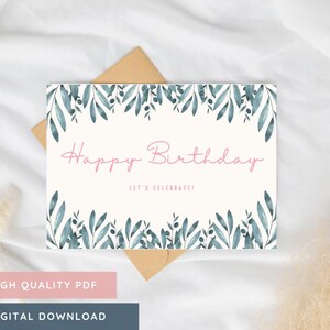 Cartões Digitais de Feliz Aniversário com Verdura | Cartão para Imprimir Tema Azul Rosa Folhas