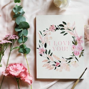 Cartão Digital Eu Te Amo | Impressão Digital | Impressão de Coroa de Flores Rosa Floral Rosa Aniversário Dia dos Namorados