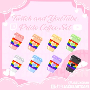 Puede incluir: Conjunto de ocho tazas de café ilustradas con banderas arcoíris del orgullo y corazones. Las tazas son de diferentes colores, incluyendo rosa, melocotón, azul claro, lavanda, verde y negro. El texto "Twitch and YouTube Pride Coffee Set" está en la parte superior de la imagen.