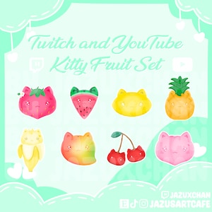 May include: Eight watercolour illustrations of cat-shaped fruit, including a strawberry, watermelon, lemon, pineapple, banana, orange, cherries, and a pink cat. The text "Twitch and YouTube Kitty Fruit Set" is at the top.