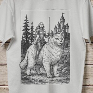 Vintage Warrior Woman Riding Cat Shirt Retro Medieval Y2k Tshirt Funny Medieval Female Knight T-Shirt Fantasy Book Tee Gift for Cat Lovers