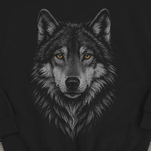 May include: Black sweatshirt featuring a detailed illustration of a wolf's head. The wolf's fur is rendered in shades of gray and white, with piercing yellow eyes. The design is centered on the front of the long-sleeved garment.