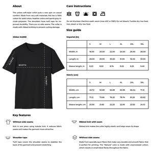 May include: A black t-shirt with a size chart showing measurements in inches and centimetres. The t-shirt has a crew neck and short sleeves. The chart shows the width, length, and sleeve length for sizes S through 3XL.