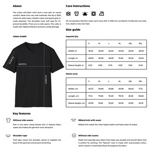 Może przedstawiać: Czarny T-shirt z tabelą rozmiar&oacute;w pokazującą wymiary w calach i centymetrach. T-shirt ma okrągły dekolt i kr&oacute;tkie rękawy. Tabela pokazuje szerokość, długość i długość rękawa dla rozmiar&oacute;w od S do 3XL.