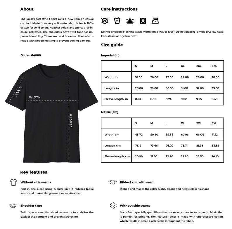Może przedstawiać: Czarny T-shirt z tabelą rozmiar&oacute;w pokazującą wymiary w calach i centymetrach. T-shirt ma okrągły dekolt i kr&oacute;tkie rękawy. Tabela pokazuje szerokość, długość i długość rękawa dla rozmiar&oacute;w od S do 3XL.