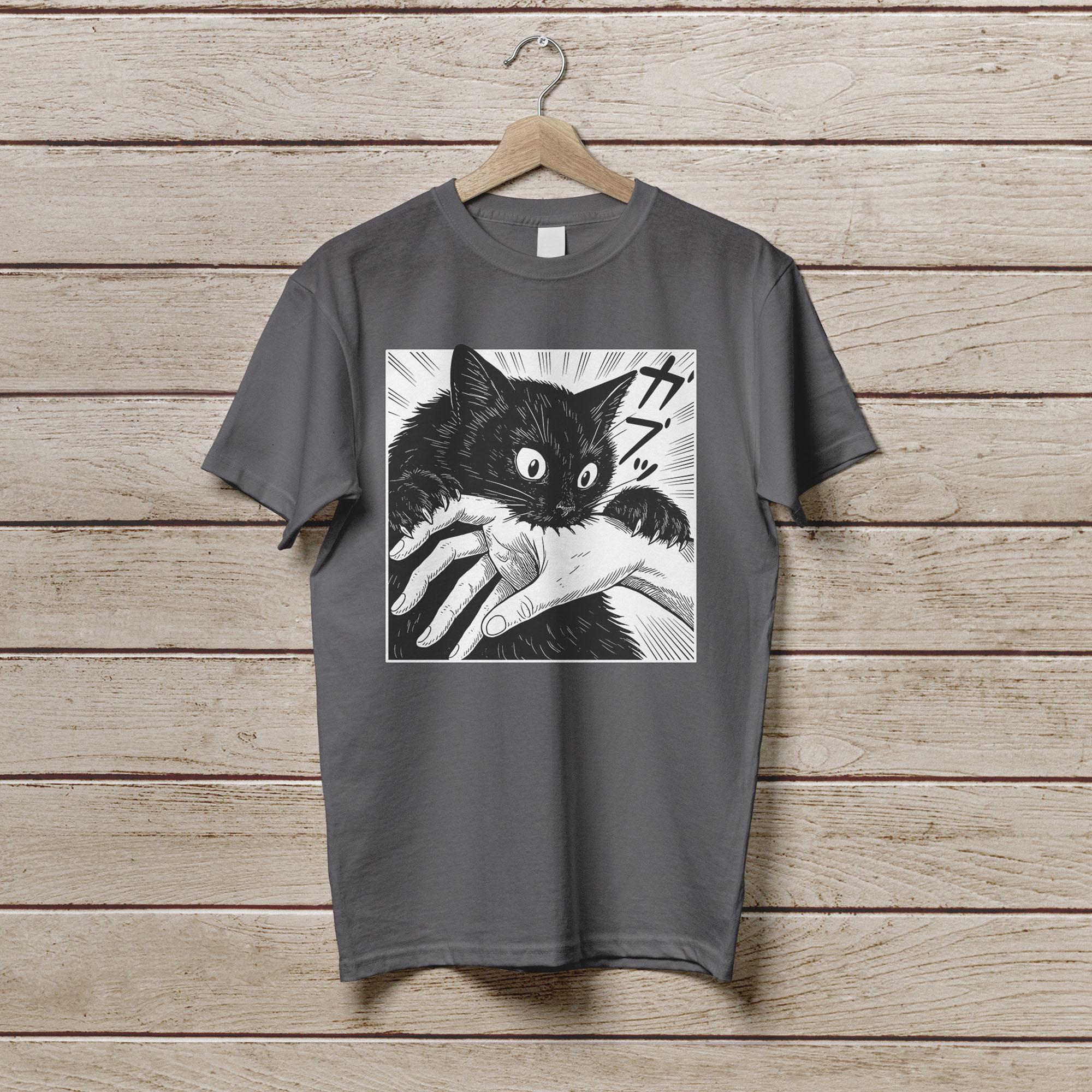 Vintage Black Cat Bite Shirt, Japanese Horror Anime T-shirt, Cat