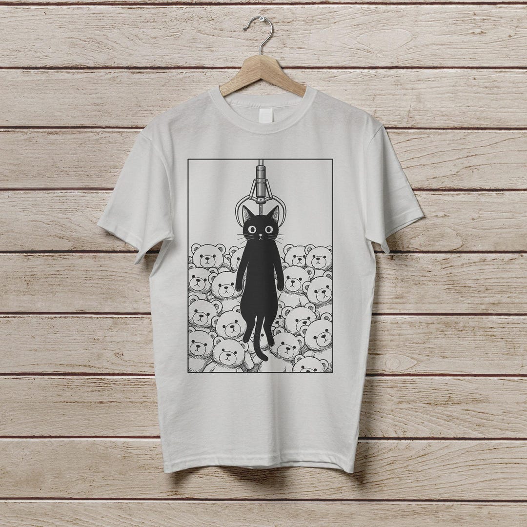 Vintage Funny Black Cat Claw Machine Shirt Retro Japanese Anime Kitten ...