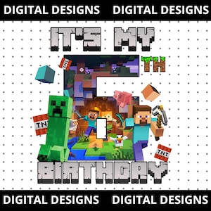 Puede incluir: Diseño digital con el texto "It's My 5th Birthday" y gráficos temáticos de Minecraft. El diseño incluye un Creeper verde, Steve y otros personajes, junto con bloques de TNT y elementos pixelados.