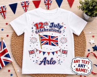Personalised 12th July Celebration T Shirt | Union Jack Girl Tee | Custom Name Kids Shirt | July Twelfth Parade Outfit