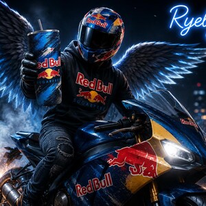 May include: A digitally enhanced image of a person on a motorcycle, wearing a Red Bull helmet and hoodie, holding a Red Bull tumbler. The motorcycle and the tumbler have the Red Bull logo. The person has angel wings and is set against a city backdrop.