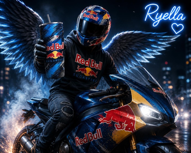 May include: A digitally enhanced image of a person on a motorcycle, wearing a Red Bull helmet and hoodie, holding a Red Bull tumbler. The motorcycle and the tumbler have the Red Bull logo. The person has angel wings and is set against a city backdrop.