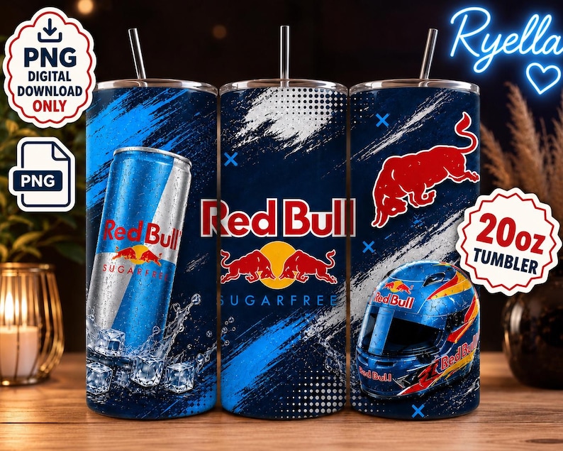 May include: Three 20oz Red Bull tumblers with a blue and white design. One tumbler features a Red Bull can with ice cubes, another has the Red Bull logo, and the third displays a racing helmet. Each tumbler has a straw.