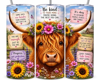 Highland Kuh Floral Tumbler Wrap | Inspirational Zitate Sublimationsdesign (Digitaler Download)