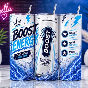 May include: Three white and blue insulated tumblers with the text "BOOST ENERGY" and "ZERO SUGAR. 100% YOU." The tumblers feature a lightning bolt and water splash design. One tumbler shows a can of "BOOST" energy drink.
