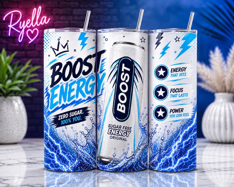 May include: Three white and blue insulated tumblers with the text "BOOST ENERGY" and "ZERO SUGAR. 100% YOU." The tumblers feature a lightning bolt and water splash design. One tumbler shows a can of "BOOST" energy drink.