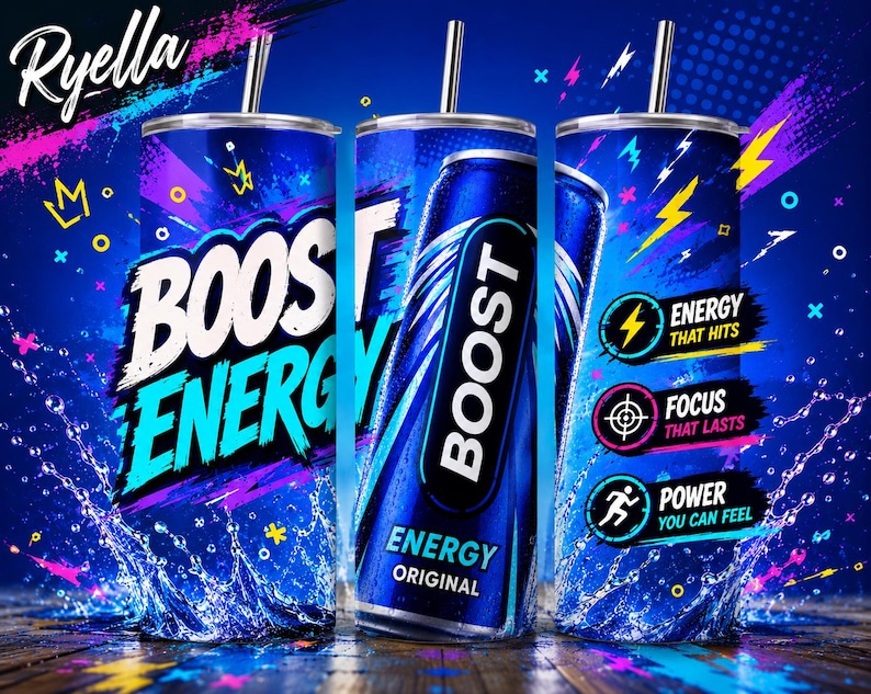 Boost Energy Drink Tumbler Wrap PNG | Neon Sublimation Design (Digital Download)